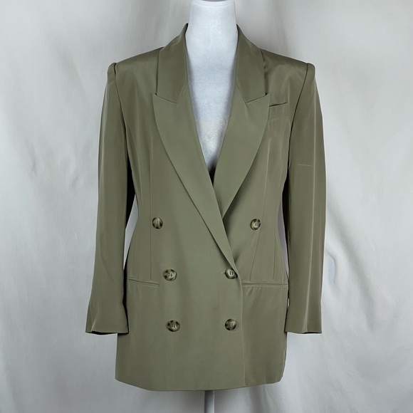 Hugo Buscati Tan Silk Double Breasted Vintage Blazer Size 6 - Picture 2 of 12